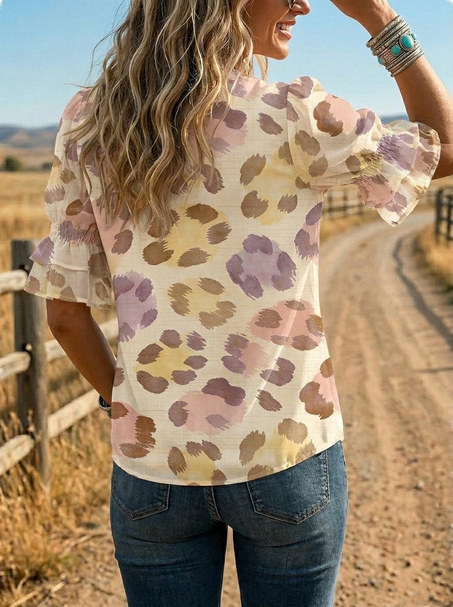 Women's Retro Leopard Floral Puff Sleeve Casual Shirt