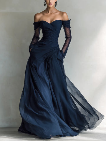 Women's Elegant Dark Blue Chiffon Organza Off-shoulder Long-sleeved Fitted Maxi Dress MDA1711L9AN