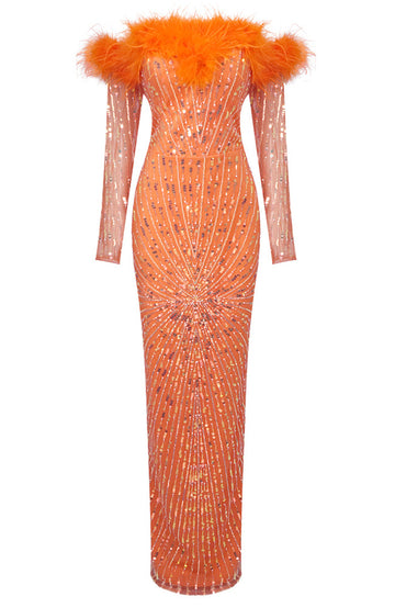 Long Sleeve Feather Bardot Sequin Maxi Dress Orange