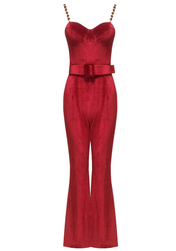 Bustier Detail Velvet Jumpsuit Red