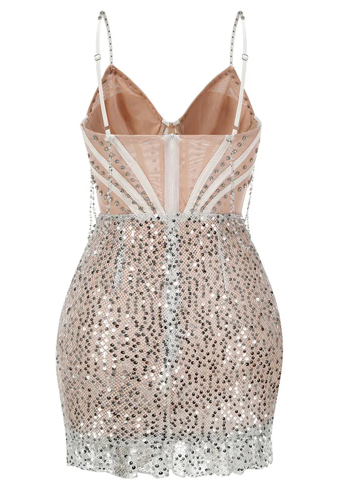 Bustier Sequin Dress Nude Silver