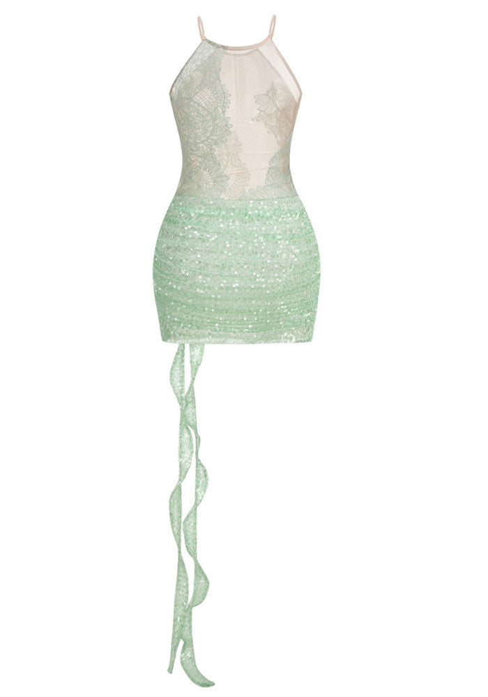 Lace Floral Sequin Dress Green