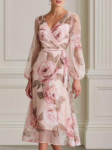 Watercolor Rose Print Wrap Puff Sleeves Midi Chiffon Dress