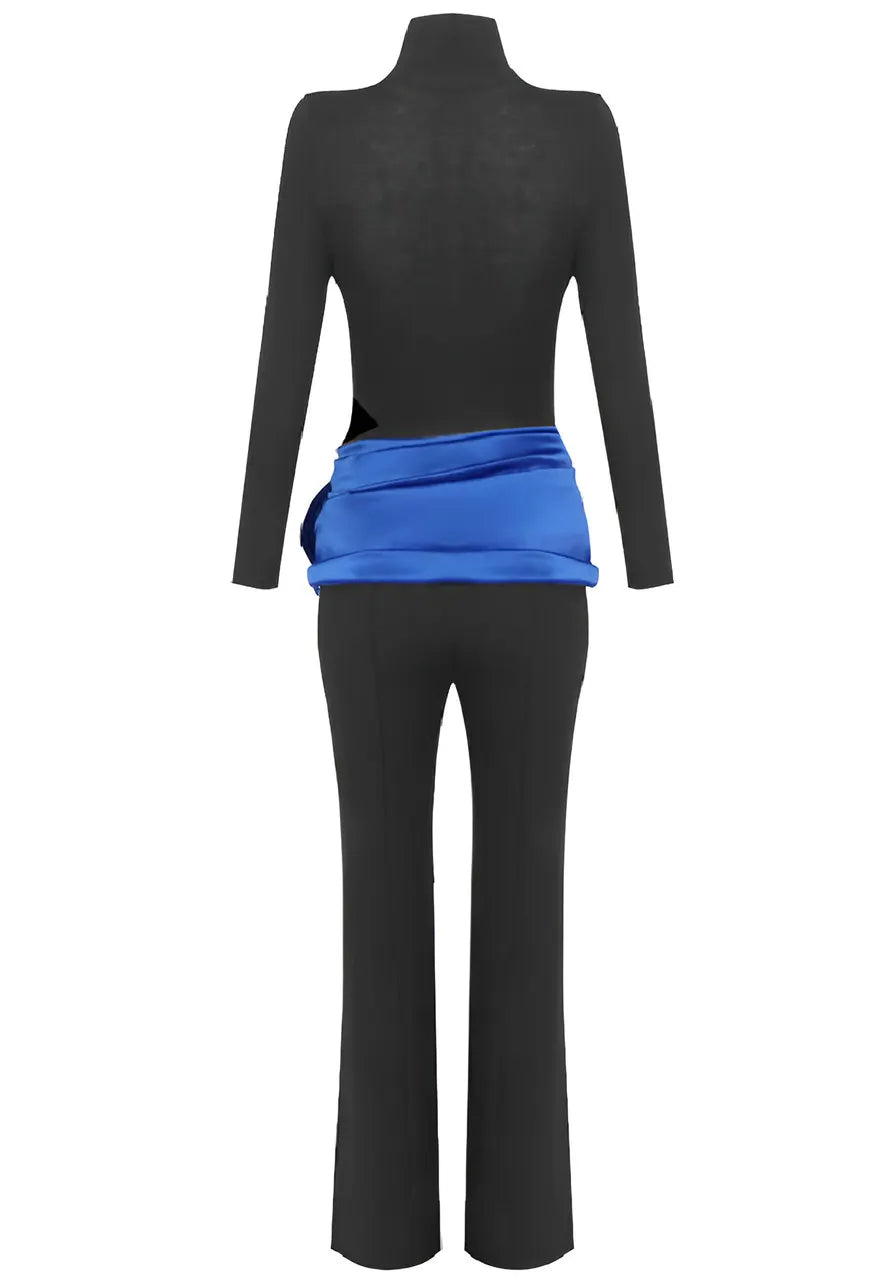 Long Sleeve Floral Detail Two Piece Jumpsuit Black Blue