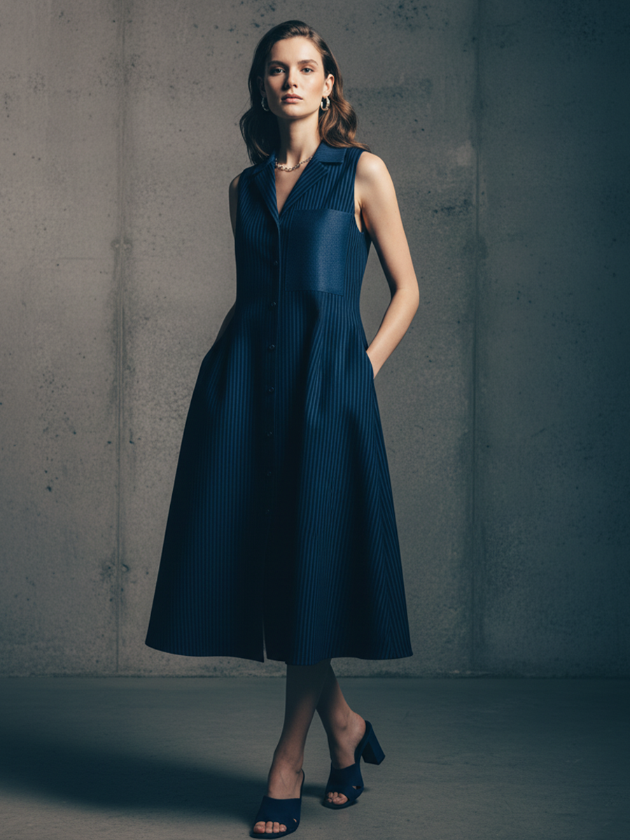 Women's Minimalist Navy And White Striped Cotton Blend Sleeveless Shirt Dress With Leather Detailing MDZ1757D4GMJ