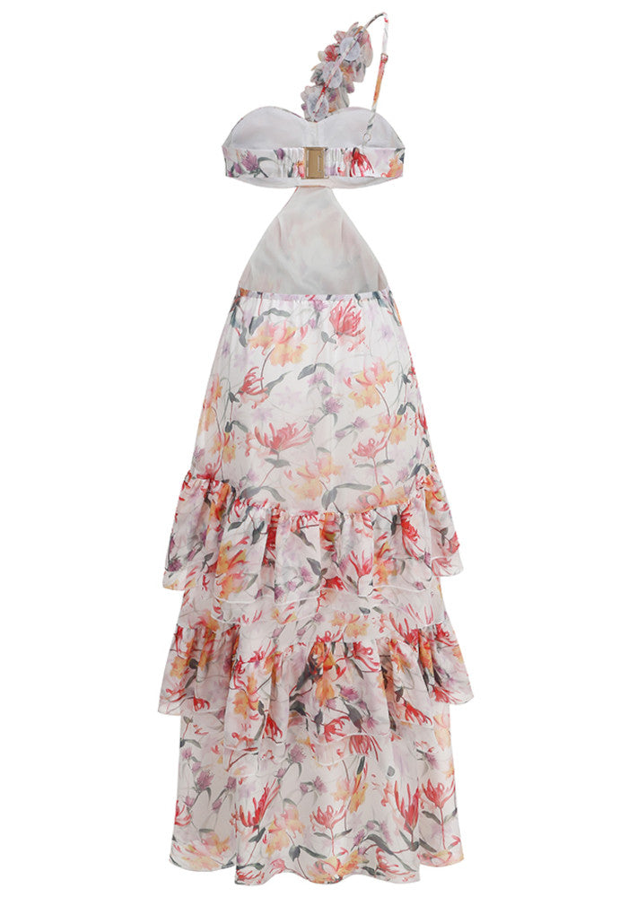 One Shoulder Floral Ruffle Maxi Dress Orange