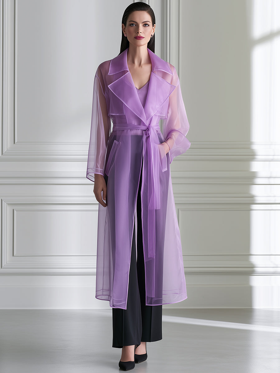 Sheer Organza Belted Trench Coat And Camisole Set