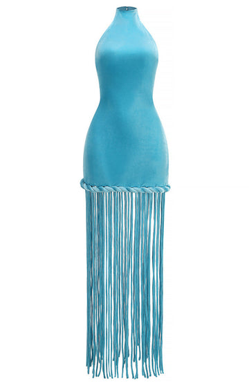 Halter Tassel Maxi Velvet Dress Blue