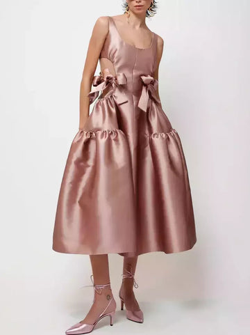 Cut-Out Flared Satin Dress with Bows
