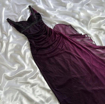 Purple shiny fashion gradient suspenders long elegant chiffon ruffles ball gown evening dress party dress prom dress