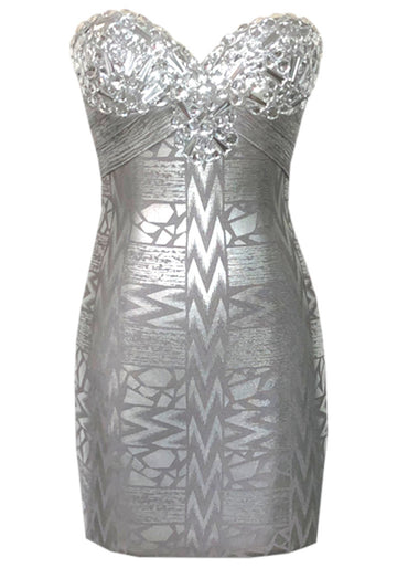 Strapless Crystal Bustier Woodgrain Foil Print Dress Silver