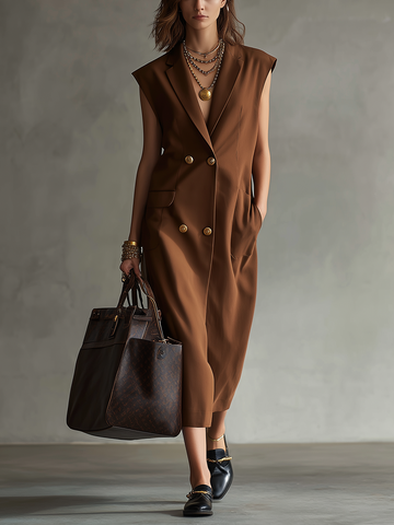 Classic Mocha Sleeveless Blazer Midi Dress