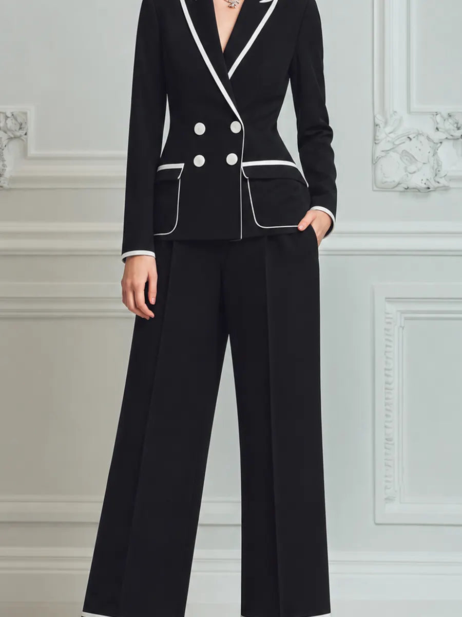 Black Contrast Trim Blazer & Wide Leg Pants Set