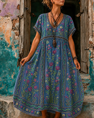 Women's Vacation Linen Boho Floral Print V-Neck Short Sleeve Maxi Dress