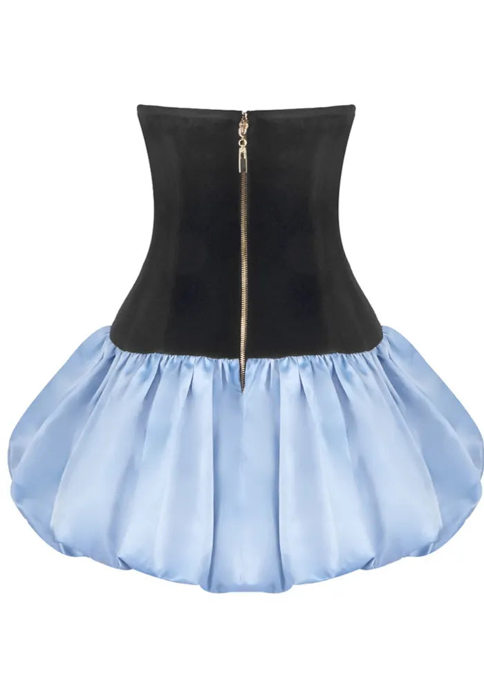 Strapless Bow Detail Puff Dress Black Blue