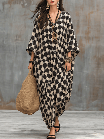 Bohemian-Inspired Relaxed Fit Polka Dot Kaftan Maxi Dress