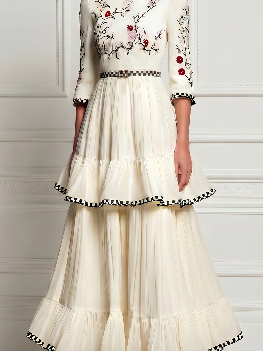 White Crew-Neck Floral Embroidered A-Line Maxi Dress With Tiered Ruffles