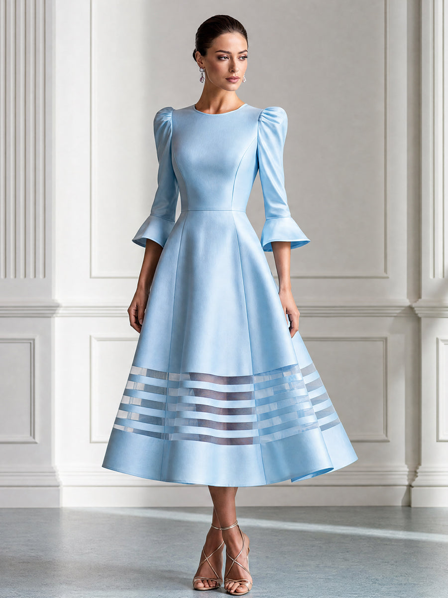 Elegant Puff Sleeves & Sheer Stripe Hem A-Line Midi Dress