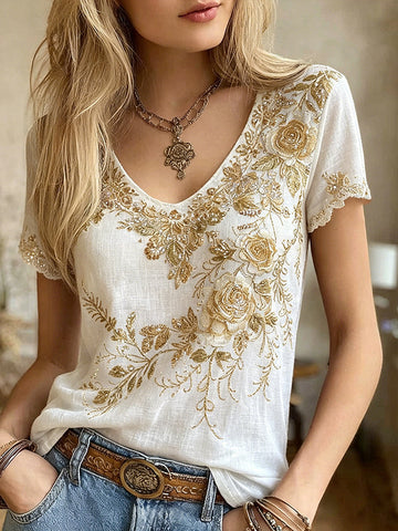 Women's Retro Floral Embroidery V-neck T-shirt