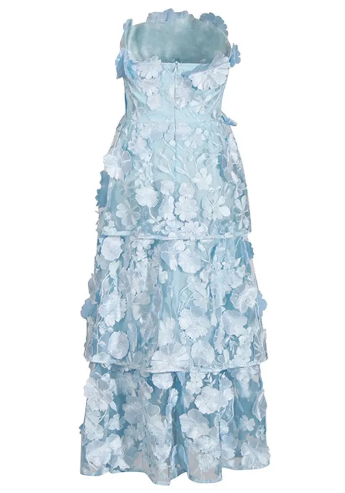 Strapless Floral Ruffle Maxi Dress Light Blue