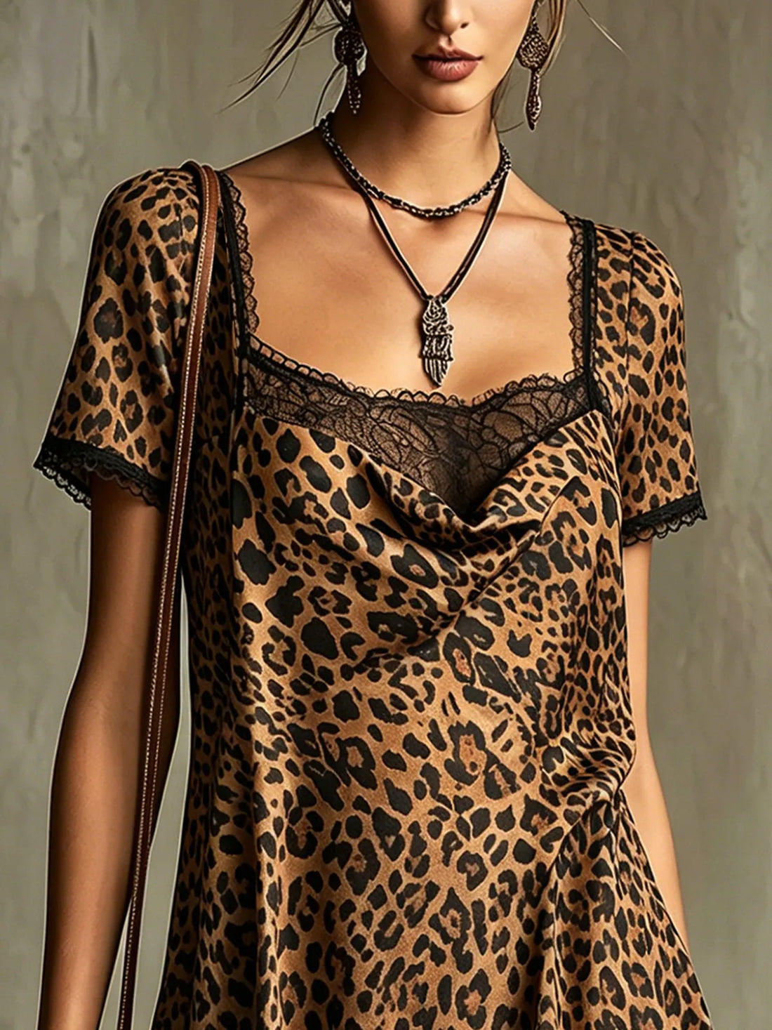 Square Neck Lace Trim Leopard Print Mini Dress