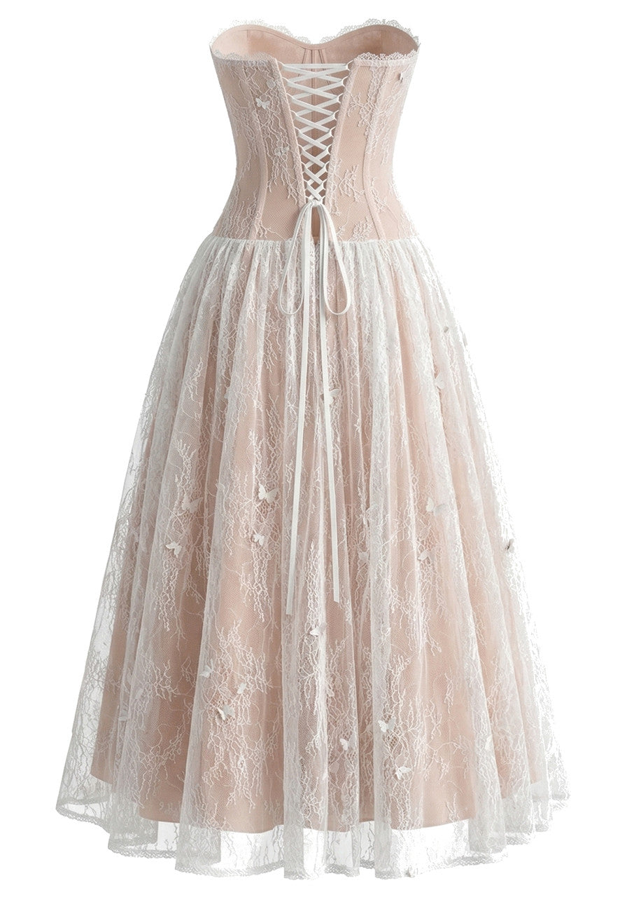 Strapless Butterfly Lace Corset Maxi Dress White