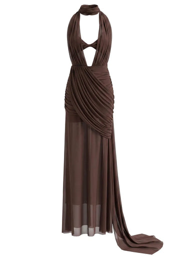 Halter Draped Maxi Dress Brown