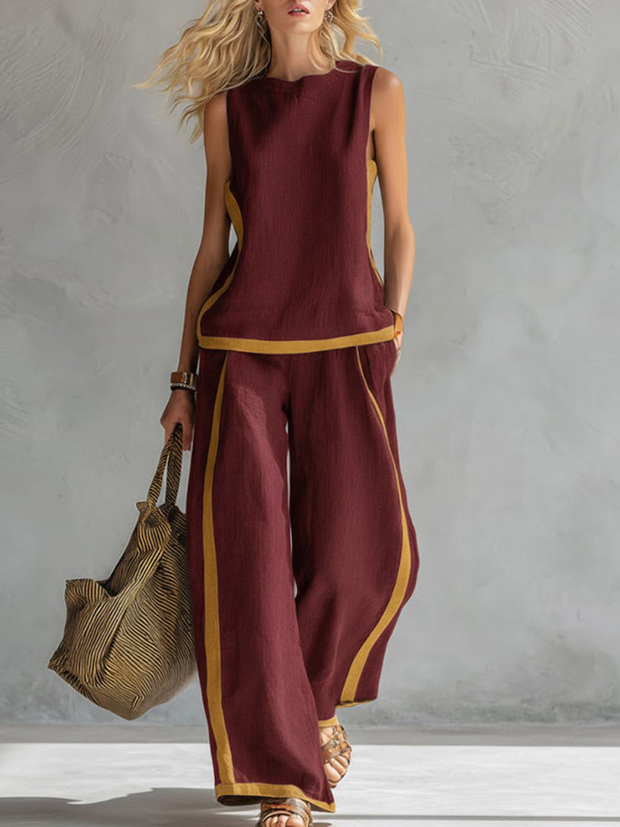 Round Neck Sleeveless Casual Loose Top And High-waisted Wide-leg Pants Set