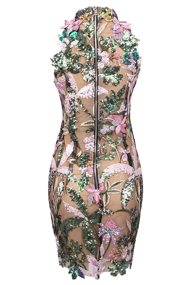 Floral Embroidered Sequin Dress Green Pink