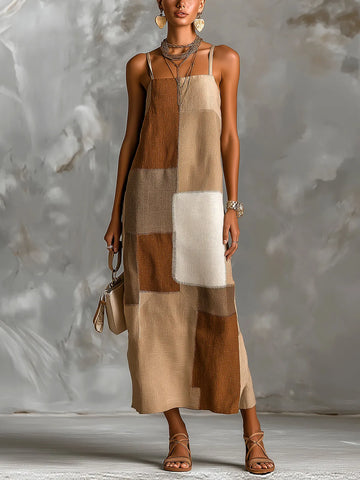 Brown Colorblock Spaghetti Straps Square-Neck Sleeveless Maxi Dress