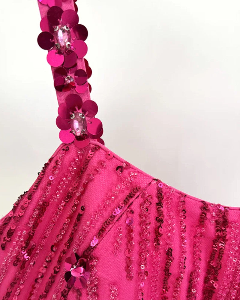 Crystal Floral Strap Sequin Maxi Dress Hot Pink