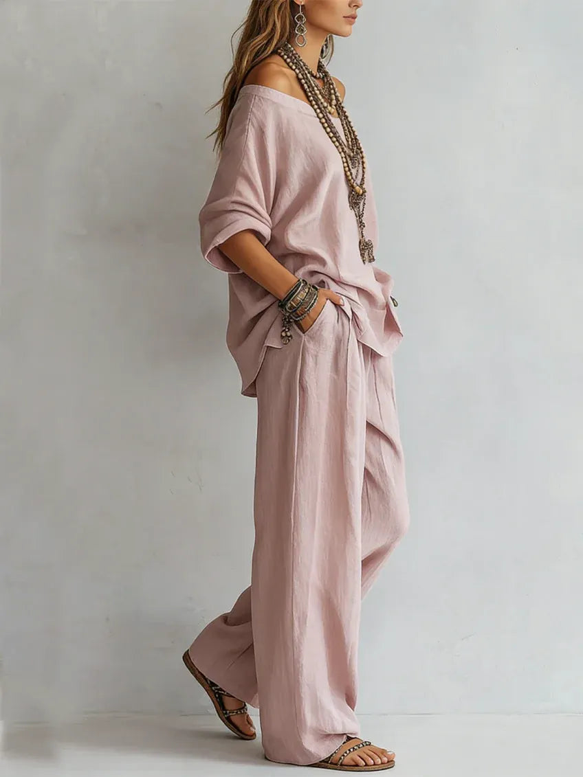 Casual Off-shoulder Top And Wide-leg Pants Set