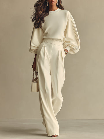 Women's Ivory Textured Set With Ribbed Crew Neck & High-Waisted Bottoms, Modern Sophisticated Style Set MDA2231L6I