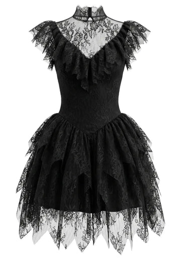 Lace Ruffle A Line Dress Black
