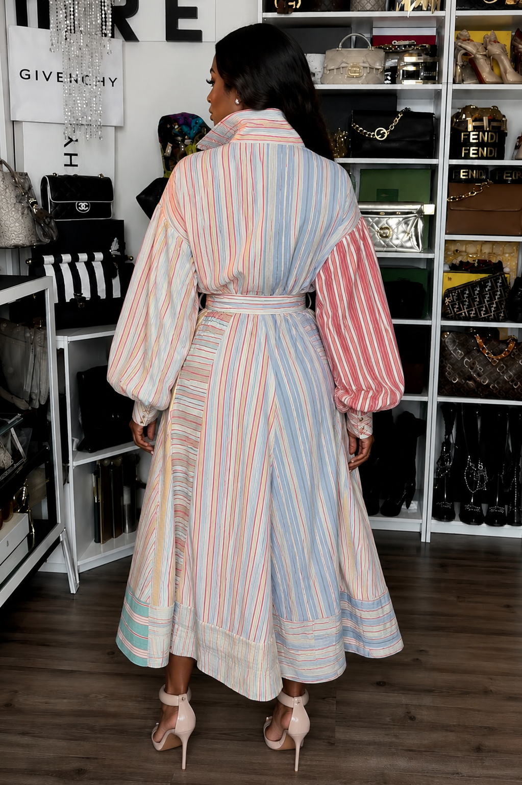 Rainbow Stripe Belted Balloon Sleeve Shirt Dress