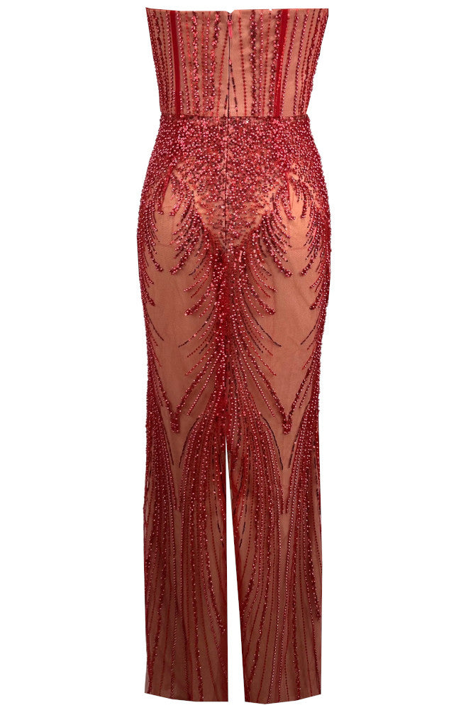 Strapless Draped Sequin Maxi Dress Red