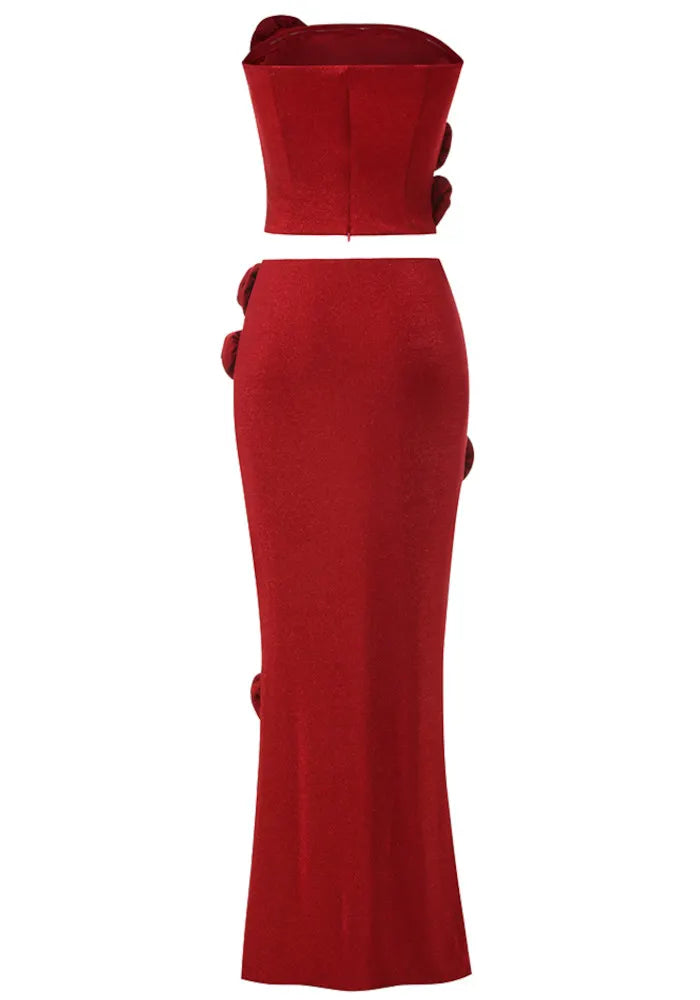 Strapless Sparkly Floral Two Piece Maxi Dress Red