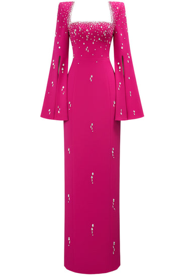 Cape Sleeve Crystal Maxi Dress Hot Pink