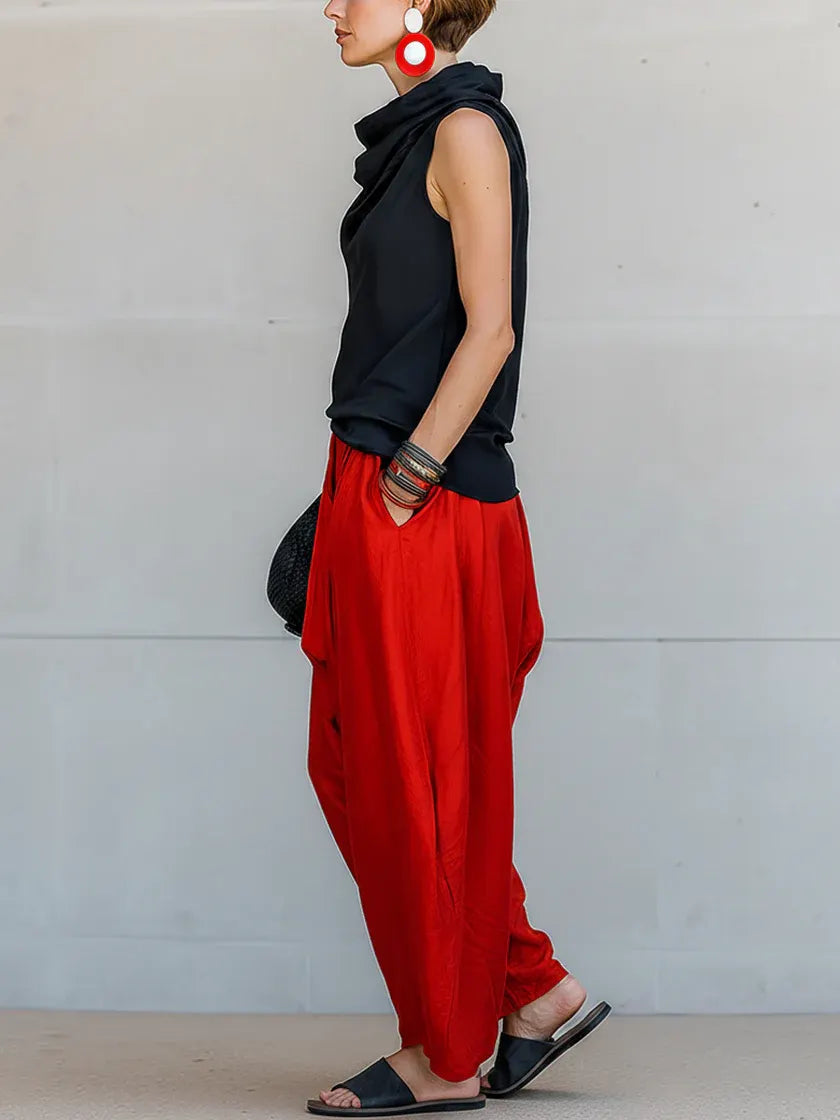 Black Sleeveless Turtleneck Top Paired With Wide-leg Pants Suit