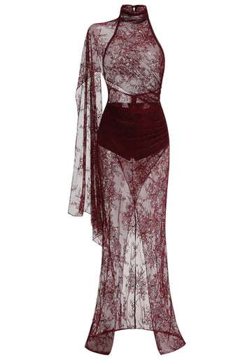One Shoulder Lace Maxi Dress Burgundy