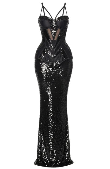 Floral Sequin Bustier Maxi Dress Black