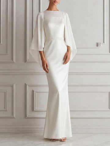 White Dress Sheer Cape Sleeve Column Maxi Dress