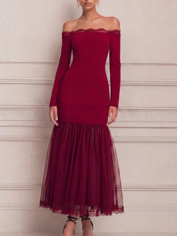 Red Dress Lace Trim Fall Wedding Guest Dress Off Shoulder Tulle Maxi Dress