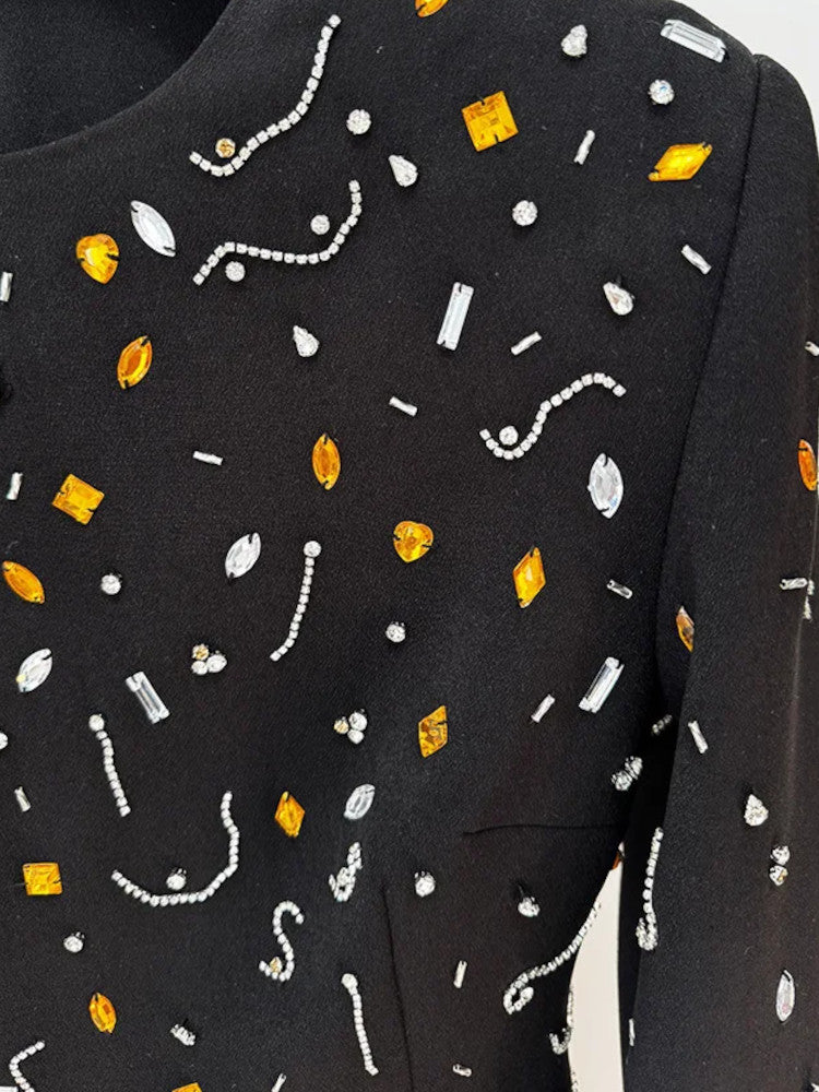 Long Sleeve Crystal Embellished A Line Dress Black