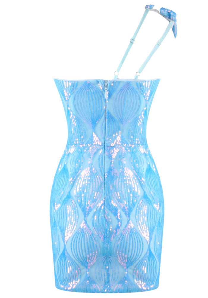 One Shoulder Crystal Dress Blue
