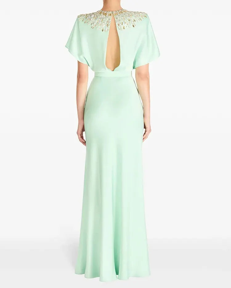 Embellished Cape Detail Maxi Dress Green
