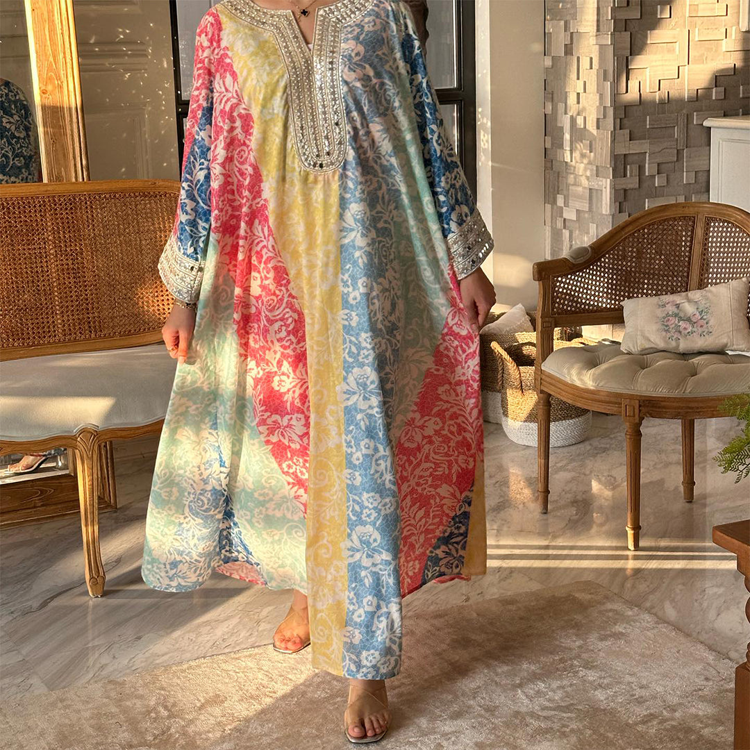 Women's Middle Eastern Contrasting Floral Art Print Jalabiyas Dress