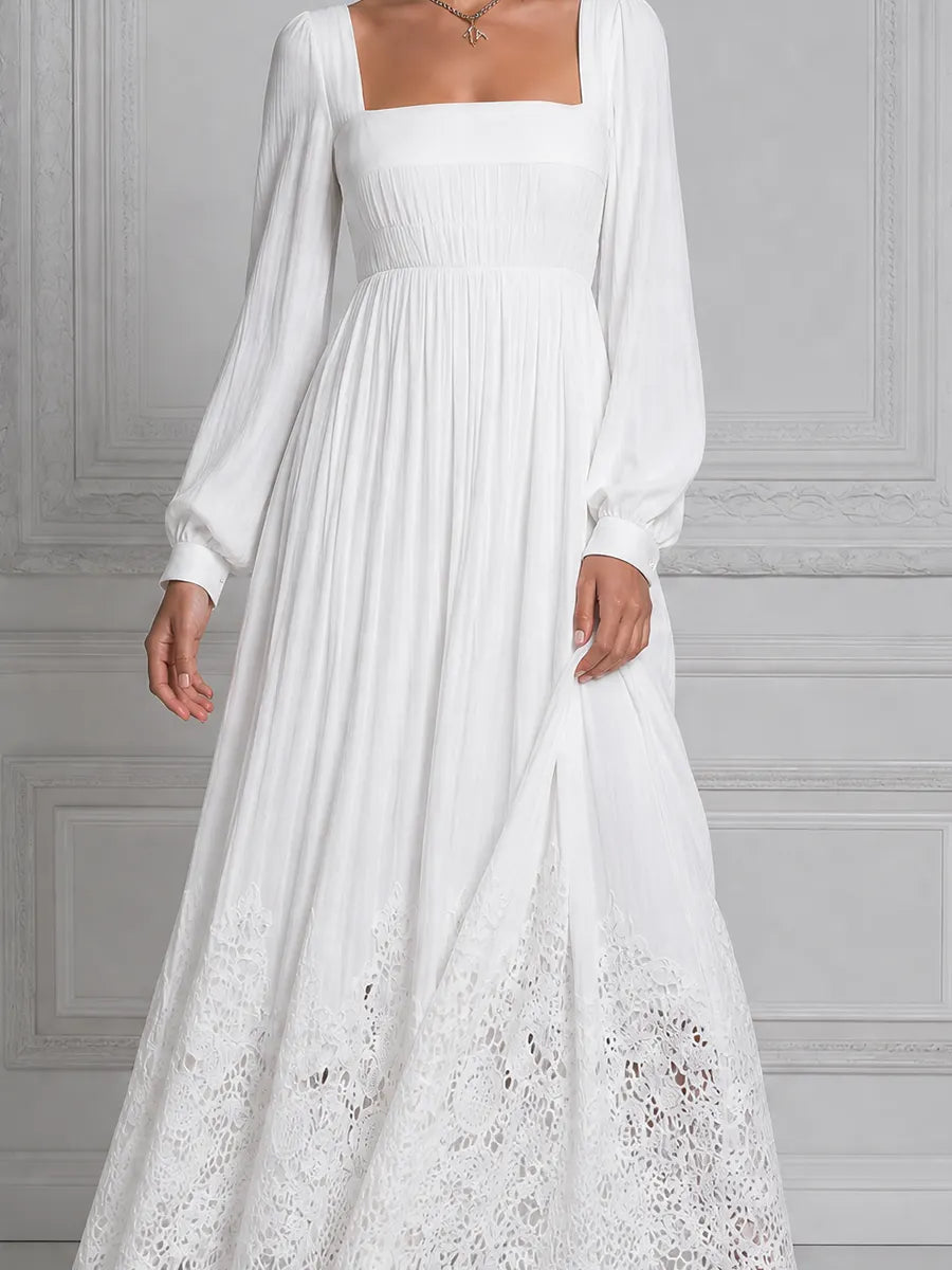 White Dress Lace Hem Square Neck Pleated Maxi Dress
