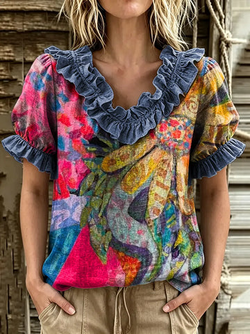 Women's Watercolor Floral Print Ruffle V-Neck Puff Sleeve Top