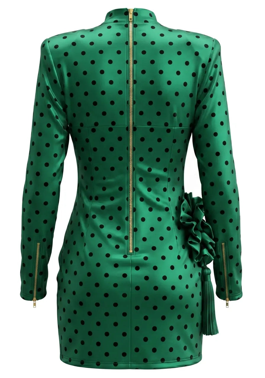 Long Sleeve Floral Polka Dot Dress Green
